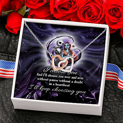 Alternative view of Jack Skellington and Sally I Choose You and I Will Choose You Over and Over Interlocking Hearts Pendant Necklace