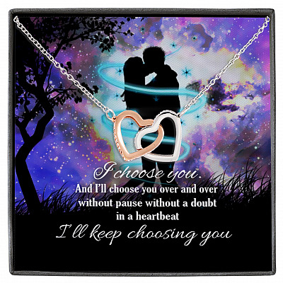 Alternative view of Galaxy Couple I Choose You and I Will Choose You Over and Over and Over Interlocking Hearts Pendant Necklace