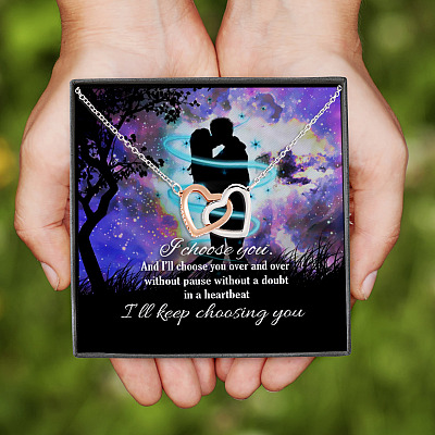 Galaxy Couple I Choose You and I Will Choose You Over and Over and Over Interlocking Hearts Pendant Necklace