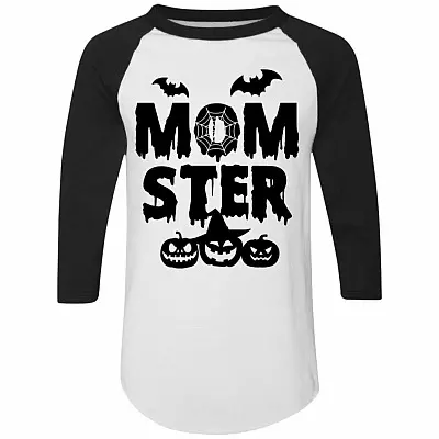 Momster 3/4 Raglan Jersey Shirt - Baseball Tee - Mom Halloween Shirts, White/Black, Raglan Jersey