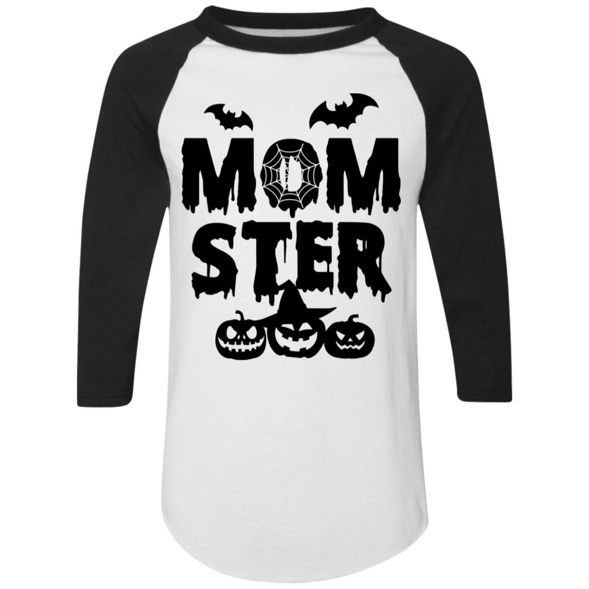 Momster 3/4 Raglan Jersey Shirt - Baseball Tee - Mom Halloween Shirts, White/Black, Raglan Jersey