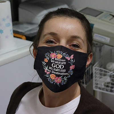 Alternative view of A Woman Who Walks With God Will Always Reach Her Destination Washable Reusable Custom – Jesus Christ Printed Cloth Face Mask Cover