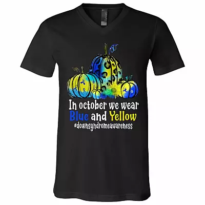 In October We Wear Blue And Yellow Down Syndrome Awareness Pumpkin T-shirt - V-neck, Black, V-Neck T-Shirt