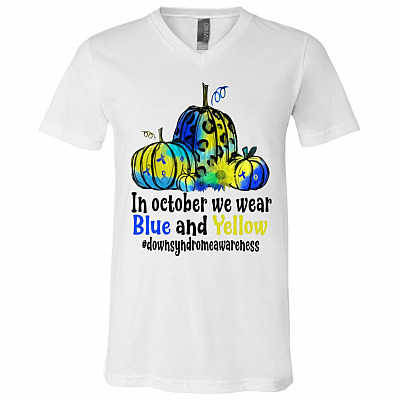 In October We Wear Blue And Yellow Down Syndrome Awareness Pumpkin Light T-shirt - V-neck, White, V-Neck T-Shirt