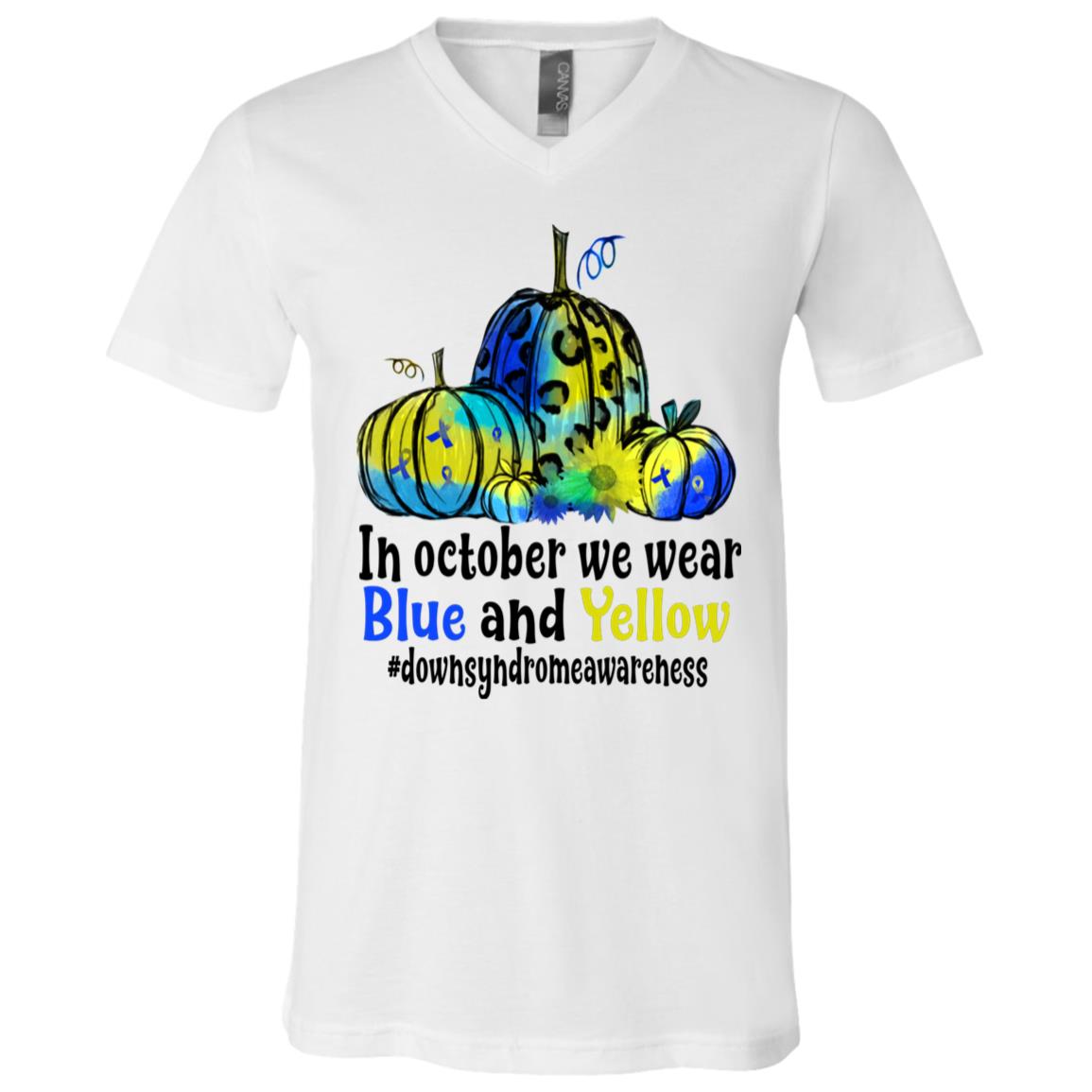 In October We Wear Blue And Yellow Down Syndrome Awareness Pumpkin Light T-shirt - V-neck, White, V-Neck T-Shirt