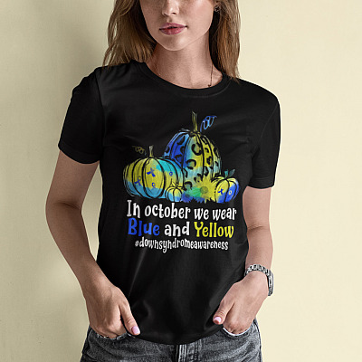 Alternative view of In October We Wear Blue And Yellow Down Syndrome Awareness Pumpkin T-shirt - V-neck