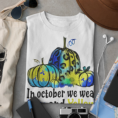 Alternative view of In October We Wear Blue And Yellow Down Syndrome Awareness Pumpkin Light T-shirt - V-neck