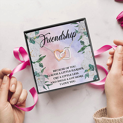 Alternative view of Friendship Because Of You I Laugh A Little Harder Cry A Little Less And Smile Interlocking Hearts Necklace