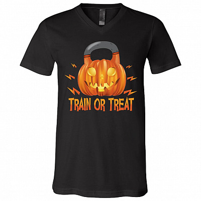 Pumpkin Kettlebell Train Or Treat T-Shirt - V-Neck Tee, Black, V-Neck T-Shirt