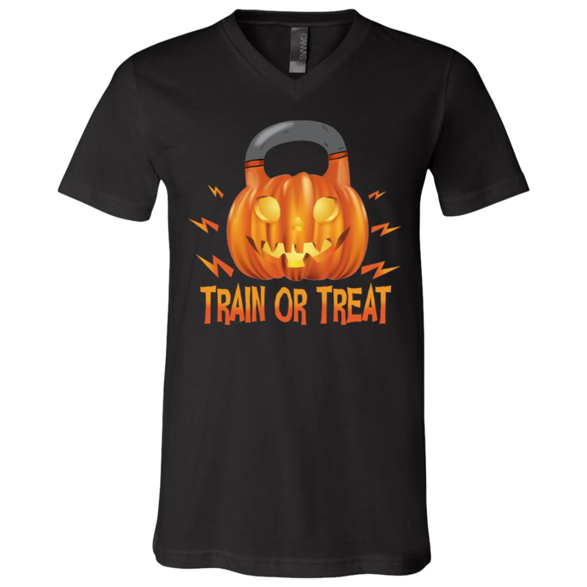 Pumpkin Kettlebell Train Or Treat T-Shirt - V-Neck Tee, Black, V-Neck T-Shirt