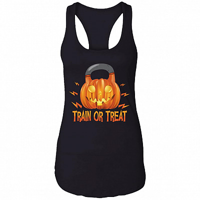 Pumpkin Kettlebell Train Or Treat Tank Top Tee - Racerback Tank, Black, Ladies Racerback Tank