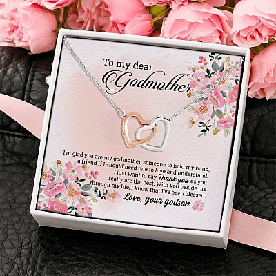 Godson To My Dear Godmother I'm Glad You Are My Godmother Heartfelt Card Jewelry Interlocking Hearts Necklace