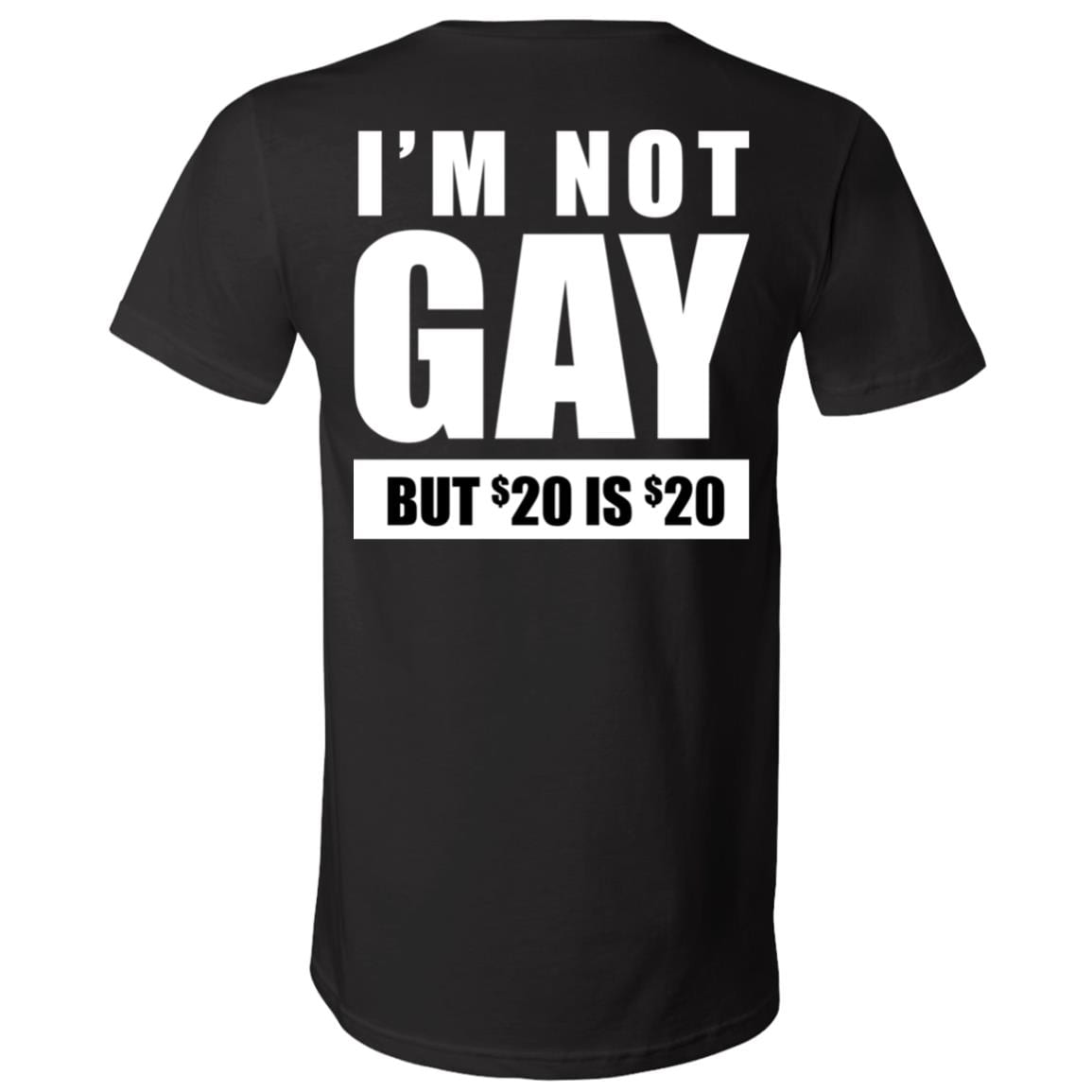 I'm Not Gay But 20 Bucks Is 20 Bucks Funny Plain Front - Print on Back T-Shirt - V-Neck, Black, V-Neck T-Shirt