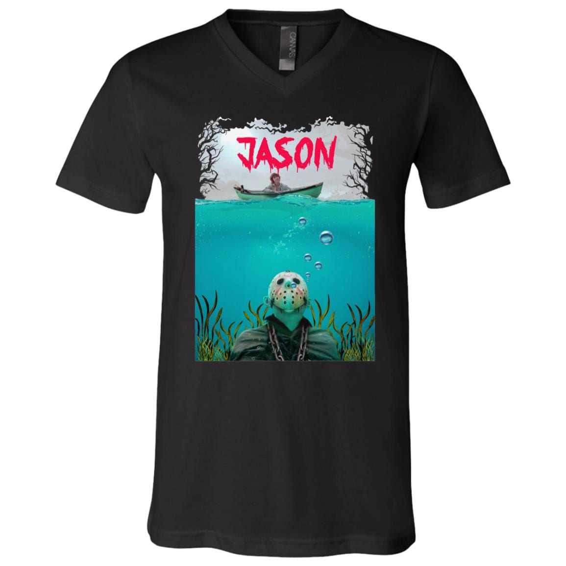 Jason Under the Lake Crystal Lake Horror Movie T-Shirt - V Neck, Black, V-Neck T-Shirt