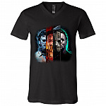 Horror Movie Characters Mask Funny Halloween T-Shirt - V Neck, Black, V-Neck T-Shirt