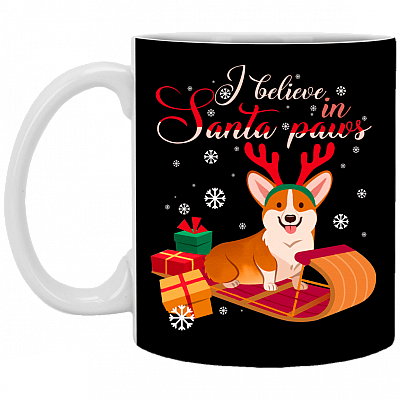 I Believe in Santa Corgi Paws Ceramic Coffee Mug - Beer Stein - Water Bottle - Color Changing Mug, Black, 11 oz. White Mug