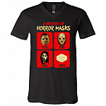 A History of Horror Masks Michael 1978 Jason 1980 Ghostface 1996 Face Mask 2020 T-Shirt - V Neck, Black, V-Neck T-Shirt