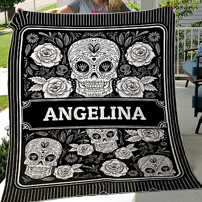 Alternative view of Personalized Sugar Skull Rose Fleece Blanket - Mink Blanket - Woven Blanket