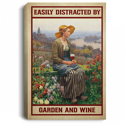 Vintage Easily Distracted By Garden And Wine Wrapped Framed Canvas Prints - Unframed Poster, White, 0.75'' Framed Canvas