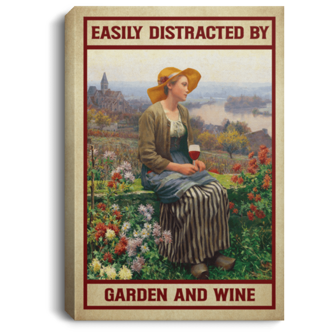 Vintage Easily Distracted By Garden And Wine Wrapped Framed Canvas Prints - Unframed Poster, White, 0.75'' Framed Canvas