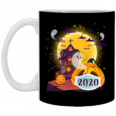 Pumpkin Wearing Face Mask Funny Halloween Ceramic Coffee Mug - Beer Stein - Water Bottle - Color Changing Mug, Black, 11 oz. White Mug