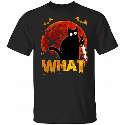 What Funny Murderous Black Cat With Knife Halloween Vintage T-Shirt - Black Cat Halloween Gifts, Black, Unisex T-Shirt