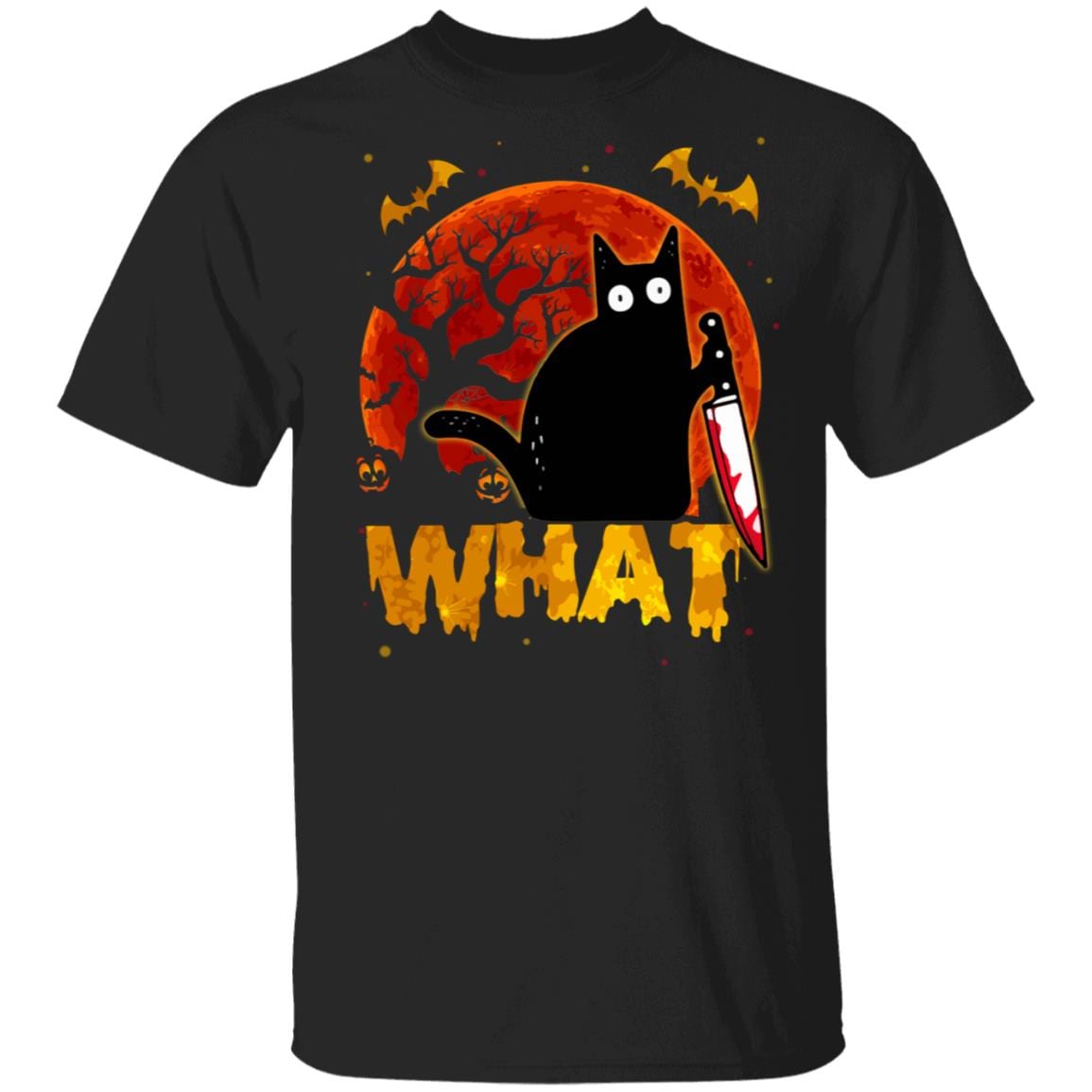 What Funny Murderous Black Cat With Knife Halloween Vintage T-Shirt - Black Cat Halloween Gifts, Black, Unisex T-Shirt