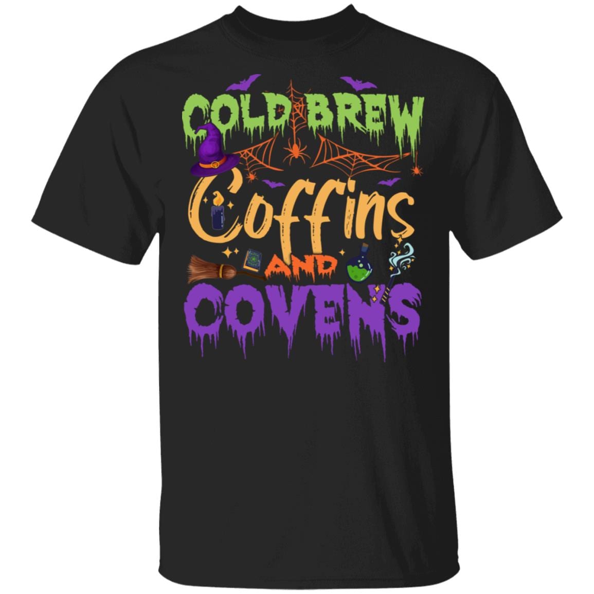 Cold Brew Coffins & Covens T-Shirt - Funny Halloween Shirt, Black, Unisex T-Shirt
