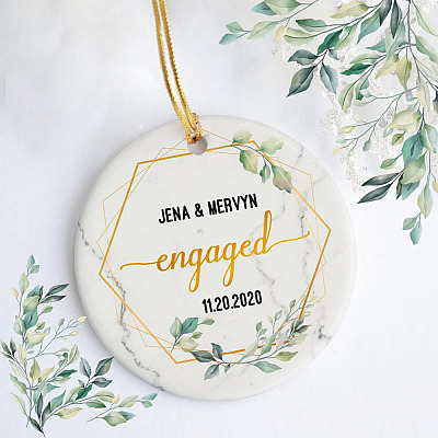 Alternative view of Personalized Couple Engaged Christmas Ornament Keepsake - Circle Porcelain Ceramic Ornament