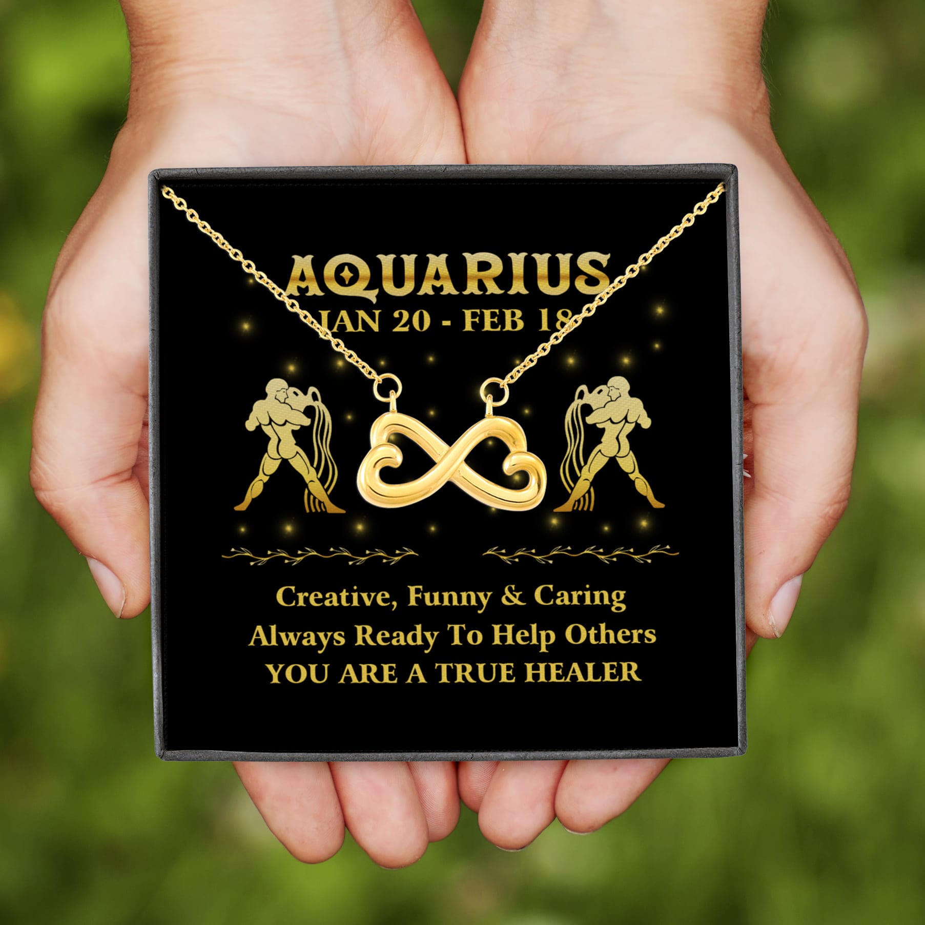 1Th. Zodiac Necklace Card Aquarius Infinity Heart Necklace (Gold)