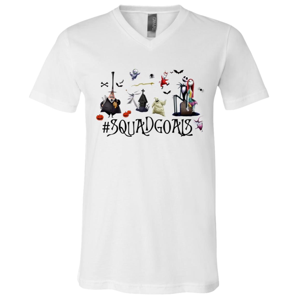 Squadgoals Nightmare Before Christmas Halloween Town Jack Sally Oogie Boogie Characters T-Shirt - V Neck, White, V-Neck T-Shirt
