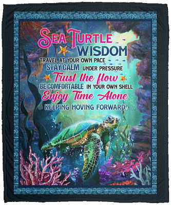 Sea Turtle Wisdom Travel at Your Own Pace Stay Calm Under Pressure Fleece Blanket - Sherpa Blanket - Woven Blanket, White, Cozy Plush Fleece Blanket - 50x60