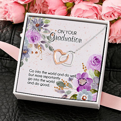 On Your Graduation Go Into the World and Do Well Heartfelt Card And Joined Interlocking Hearts Pendant Necklace