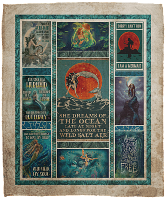 She Dreams Of The Ocean Late At Night Mermaid Fleece Blanket - Premium Sherpa Blanket - Woven Blanket, White, Cozy Plush Fleece Blanket - 50x60