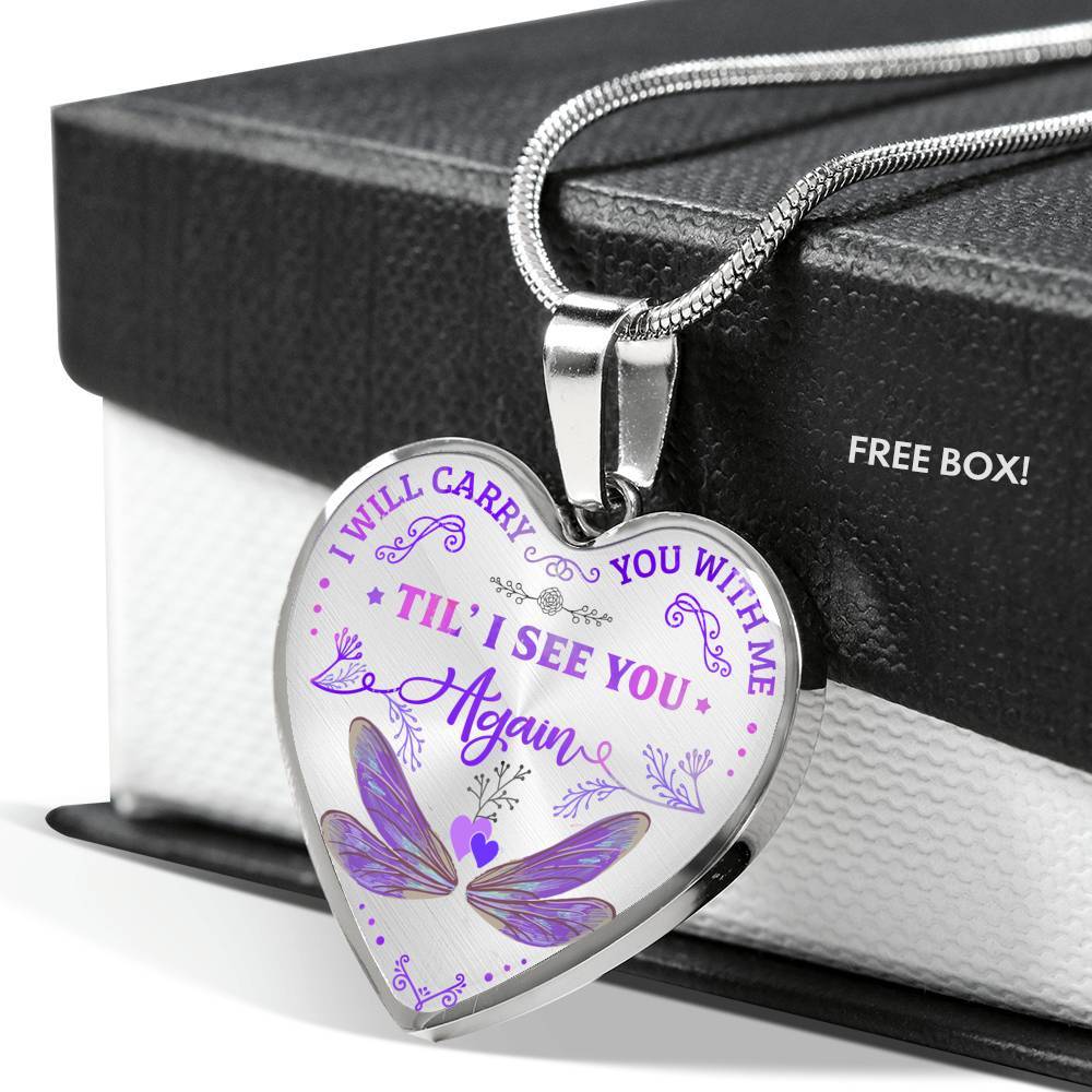 Dragonfly I Will Carry You with Me Til' I See You Again Heart Pendant Necklace - Heart Luxury Necklace (Silver)