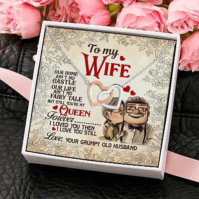 Alternative view of To My Wife Our Home Ain't No Castle Our Life Ain't No Fairy Tale Joined Interlocking Hearts Pendant Necklace