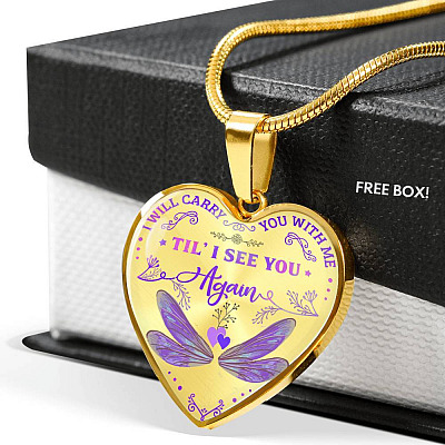 Dragonfly I Will Carry You with Me Til' I See You Again Heart Pendant Necklace - Heart Luxury Necklace (Gold Plated)