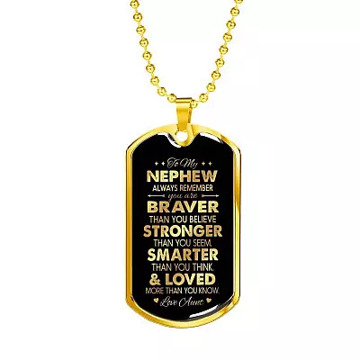Aunt To My Nephew Always Remember You Are Braver Than You Believe Love Aunt Dog Tag Pendant Necklace - Dog Tag (Gold Plated)