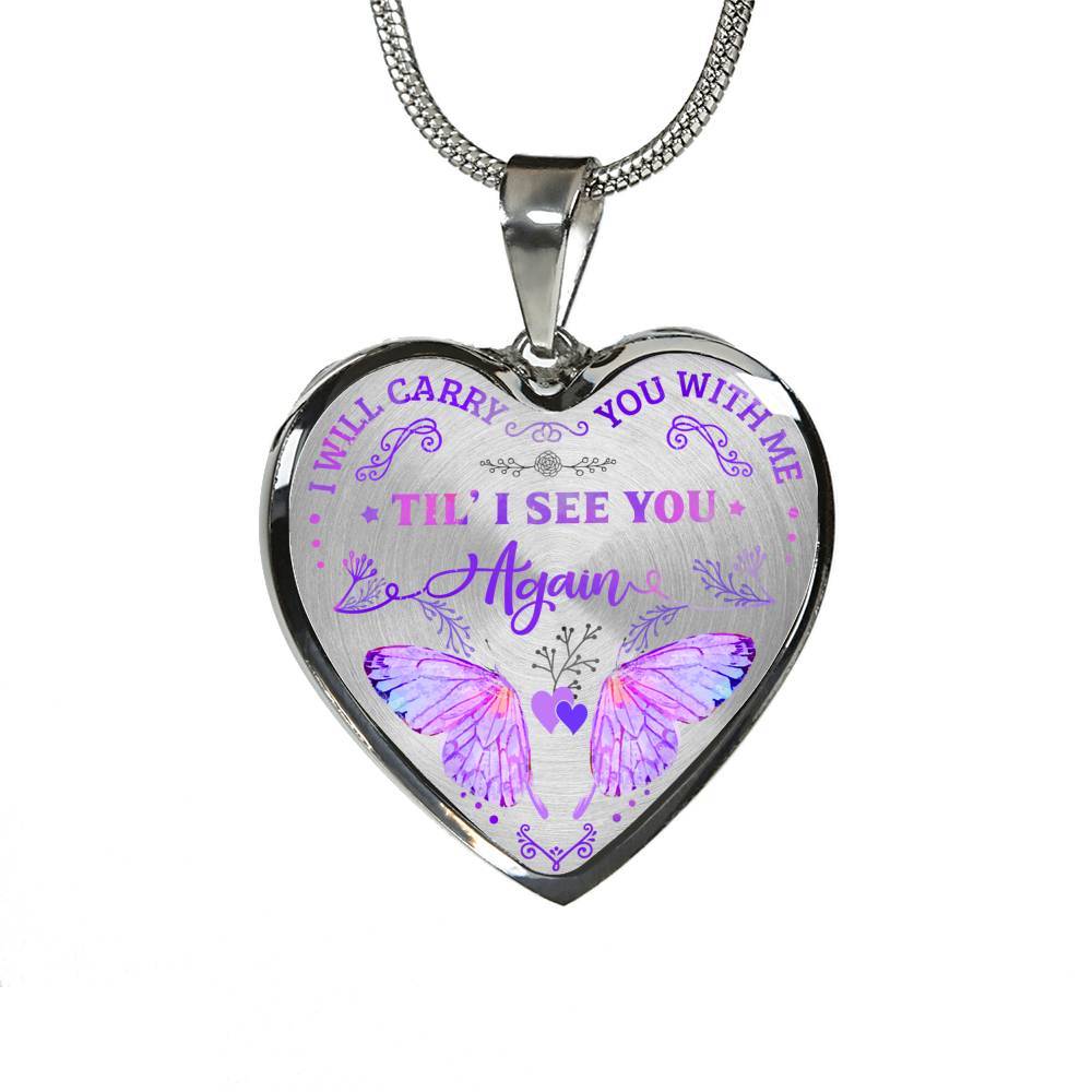 Butterfly I Will Carry You with Me Til' I See You Again Heart Pendant Necklace - Heart Luxury Necklace (Silver)