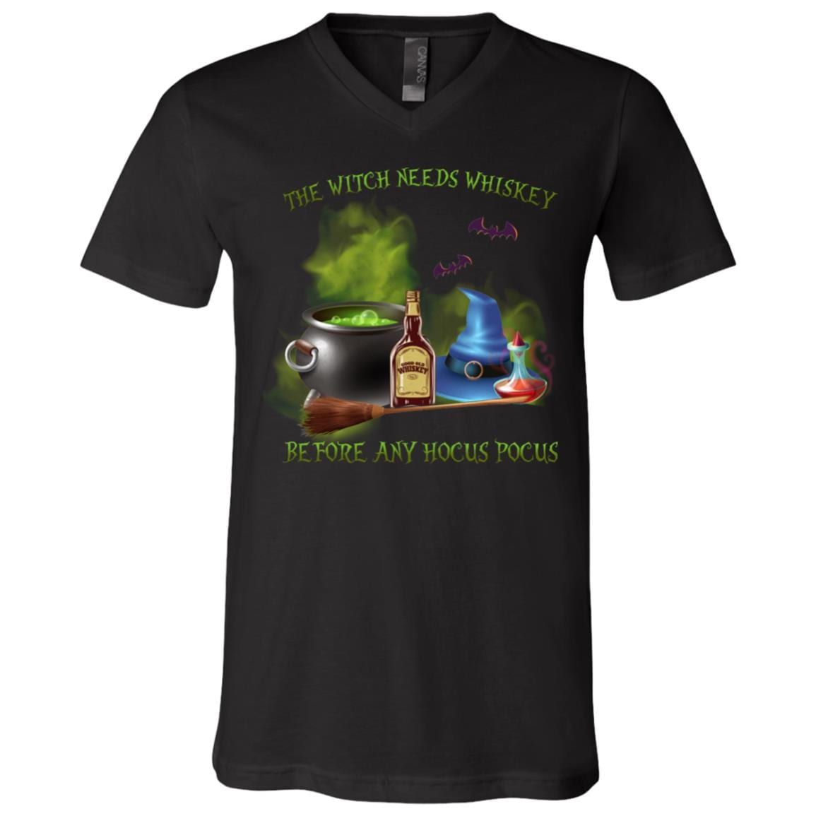 The Witch Needs Whiskey Before Any Hocus Pocus T-shirt - V-neck - Halloween Drinking Shirt, Black, V-Neck T-Shirt