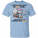A Woman Cannot Survive On Beer Alone She Also Needs To Go Camping With Darryl Shirt - Bigfoot Shirt, Light Blue, Unisex T-Shirt