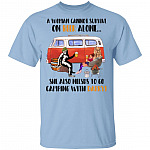 A Woman Cannot Survive On Beer Alone Bigfoot T-Shirt-She Also Needs To Go Camping With Darryl Sasquatch Shirt, Light Blue, Unisex T-Shirt