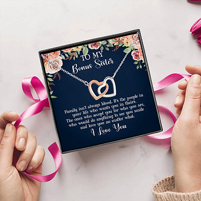 To My Bonus Sister Family Isn't Always Blood Joined Interlocking Hearts Pendant Necklace - Bonus Sister Gifts