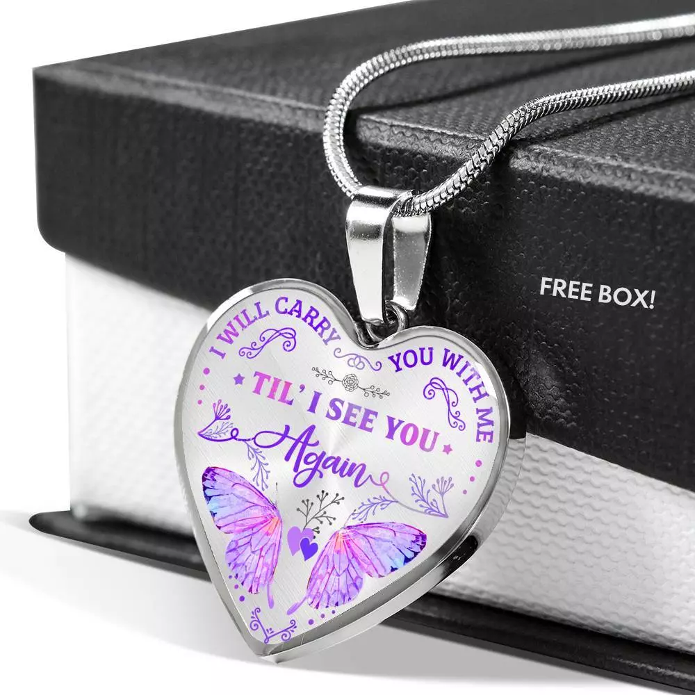 Butterfly I Will Carry You with Me Til' I See You Again Heart Pendant Necklace - Heart Luxury Necklace (Silver)