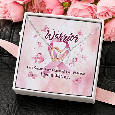 Breast Cancer I Am Strong I Am Powerful I Am A Warrior Joined Interlocking Hearts Pendant Necklace
