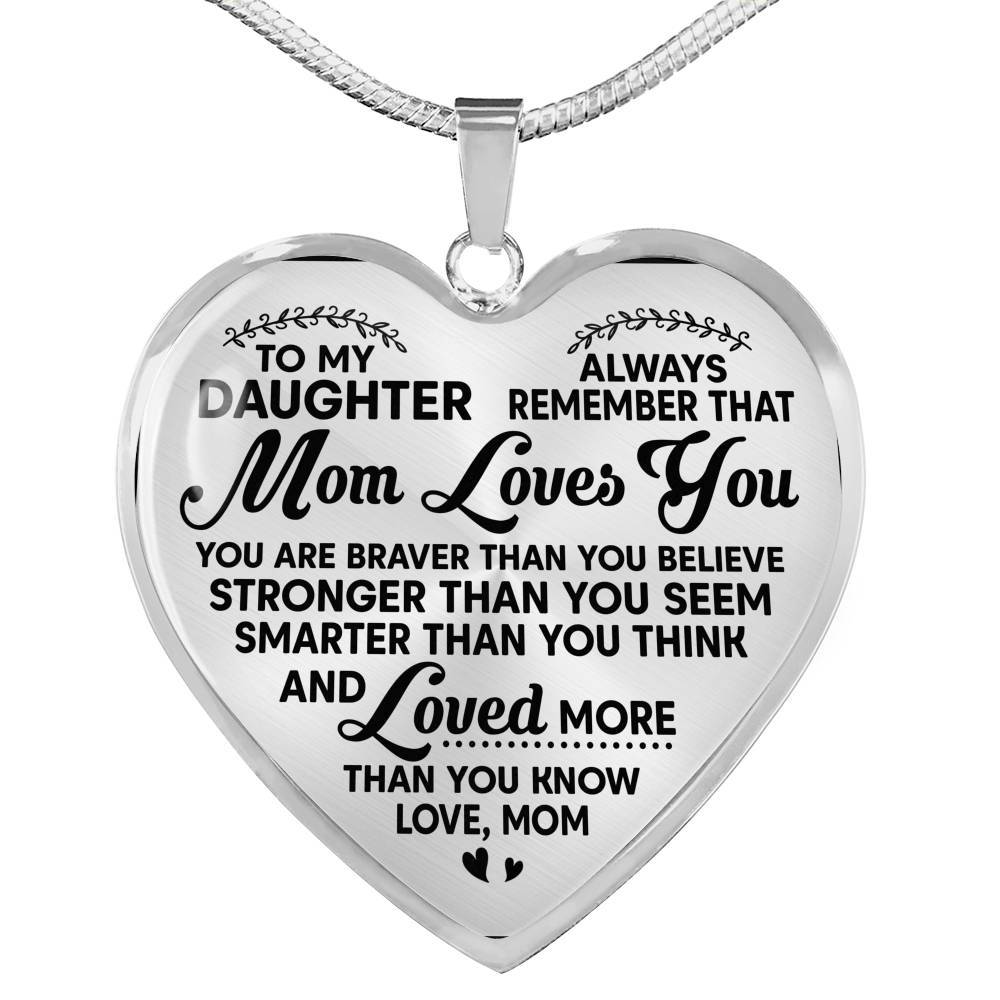 To My Daughter Always Remember That Mom Loves You Hear Pendant Necklace - Heart Luxury Necklace (Silver)