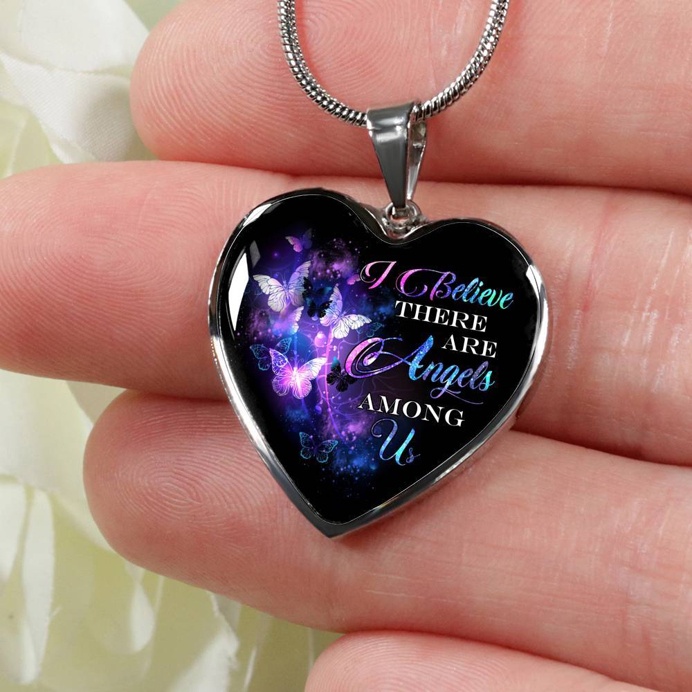 Butterfly I Believe There Are Angels Among Us Heart Pendant Necklace - Heart Luxury Necklace (Silver)