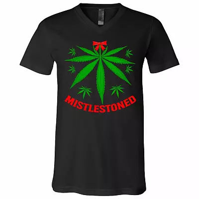 Mistlestoned Funny Xmas Cannabis T-Shirt - V-Neck, Black, V-Neck T-Shirt