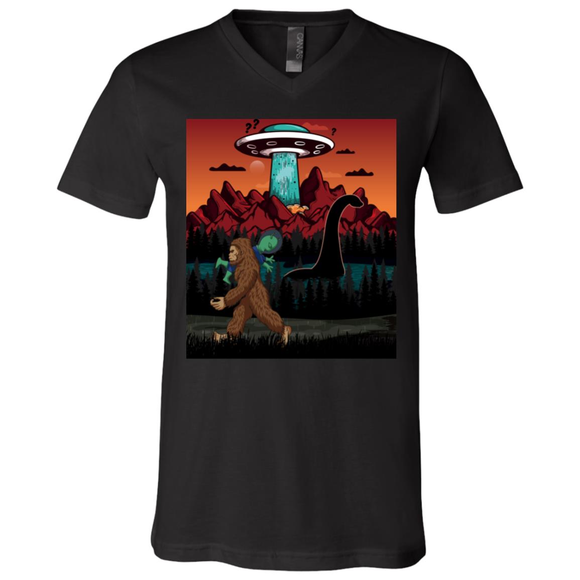 Funny Bigfoot Lochness Monter And UFO Alien Sasquatch T-Shirt - V-Neck, Black, V-Neck T-Shirt