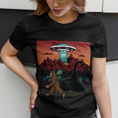 Alternative view of Funny Bigfoot Lochness Monter And UFO Alien Sasquatch T-Shirt - V-Neck